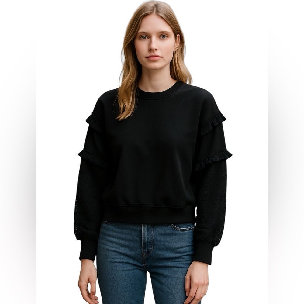 NWT Heartloom Ruffle Detail Sweatshirt size Small Black Sheer Floral Pullover